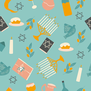 Happy hanukkah seamless pattern. Hanukkah Jewish holiday repeating texture, endless background. Vector illustration