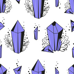 Seamless pattern with magical purple crystals and black line art leaves and monograms. Vector background for wrapping paper