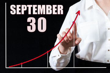 Businesswoman's hand pointing to the graph and a calendar with the date of 30 september. Business goals for the day.