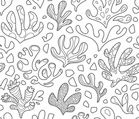 Doodle corals seamless pattern. Black and white vector background
