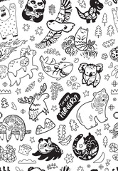 Obraz premium Seamless pattern with mix doddle animals in cartoon style. Monochrome Pattern