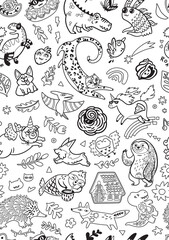 Seamless pattern with mix doddle animals in cartoon style. Black and white background