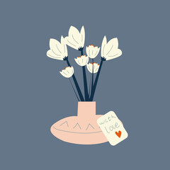 Hand drawn flowers in the vase with card- 'With love'. Scandinavian style illustration, modern and elegant home decor. Vector print design. Valentines Day card.