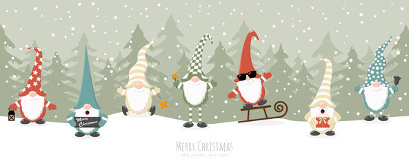 christmas gnomes with winter firs background