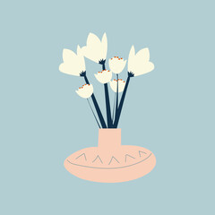 Beautiful decorative spring bouquet with blooming flowers in glass vase vector flat illustration. Bunch of garden or wild elegant plants isolated on white. Romantic floristic composition