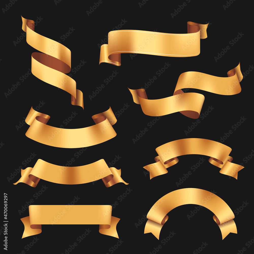 Sticker Ribbon banner vector art, gold realistic label design set