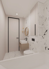 Bathroom with white marble walls and black taps. 3D rendering.