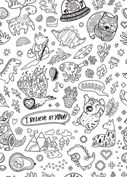 Seamless pattern with mix doddle animals in cartoon style. 