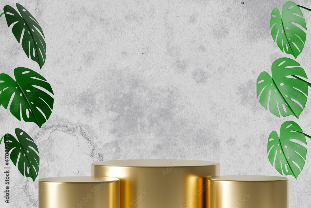 Poster 3d rendering three empty gold cylinders podium with monstera leaves. abstract scene for product disp
