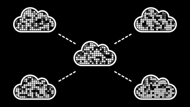 Communicating cloud computing concept illustration (white color on black background)
