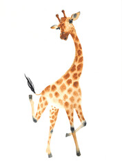 A poster with a dansing giraffe. Watercolor giraffe animal illustration isolated in white background.