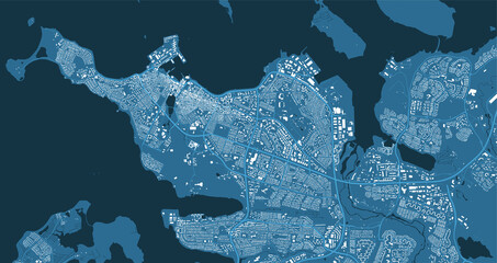 Detailed blue vector map poster of Reykjavik city, linear print map. Skyline urban panorama. - obrazy, fototapety, plakaty