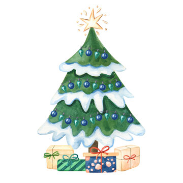Watercolor Christmas tree with gift boxes.Winter cartoon Illustration for the New year.Watercolour Decorative floral element on white background.Greeting card for kids.