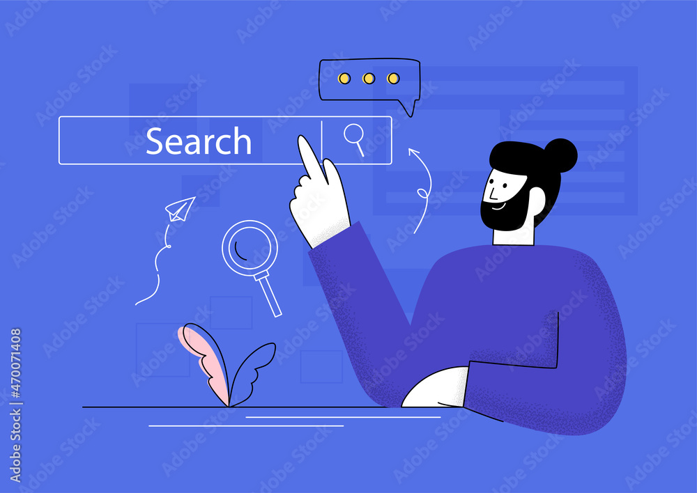 Wall mural character searching information on internet. business man clicking internet search page on computer 