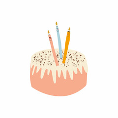 Birthday cake with funny candles with faces. Vector illustration.