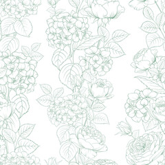 Seamless pattern from flowers of lavender,rose, and hydrangeas on a white background.