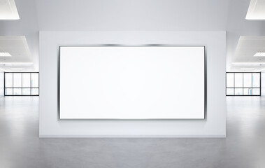 Panoramic frame Mockup hanging on office wall. Mock up of a billboard in modern company interior