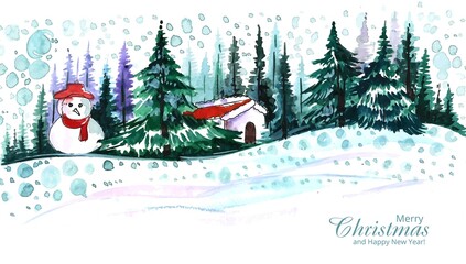 Beautiful christmas tree in winter landscape card background