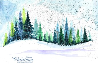Beautiful christmas tree in winter landscape card background