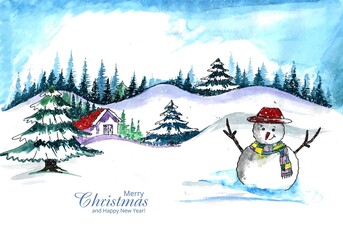Fototapeta premium Winter snow landscape and house christmas tree holiday card design