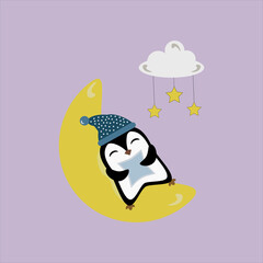 A penguin lying on the moon under the stars on a purple background in a flat style