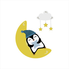 A penguin lying on the moon under the stars on a white background in a flat style