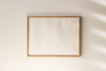 Wooden photo frame mockup on white wall 