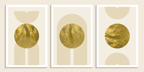 Set of Boho wall decor in golden tone with rainbow and the sun. Modern mid century posters. Minimalistic line vector illustration with abstract geometric shapes for print, cover, wallpaper, and other.