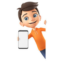 Cartoon character boy in an orange sweatshirt shows a mobile phone. 3d render illustration.