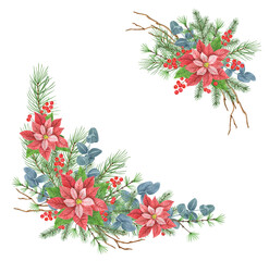 Christmas frame with poinsettia, greenery, spruce, pine tree twig and holly berries. New Year design decoration garland. Isolate on white background.