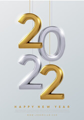 2022 New Year flyer design. Gold and silver 3d shapes and 2022 numbers on light background. Winter holidays background design. Eps10 vector.