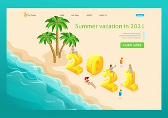 3D isometry, an island in the sea with palm trees, beautiful girls decorate the numbers of 2021. High quality illustration for advertising. Landing Page Concept