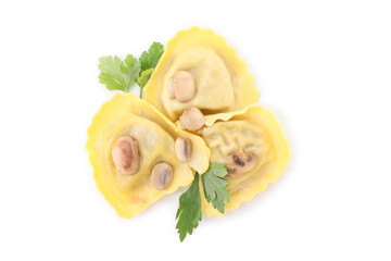 Delicious ravioli isolated on white background, close up