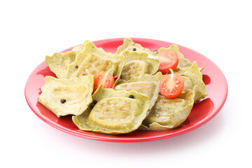 Plate with delicious ravioli isolated on white background