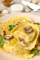Delicious food concept with ravioli on textured table