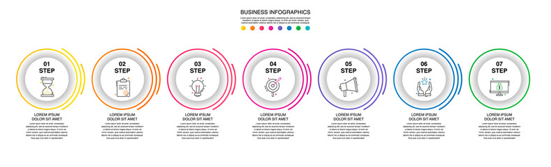 Modern 3D vector illustration. Circular infographic template with seven elements. Contains icons and text. Designed for business, presentations, web design, 7-step diagrams.