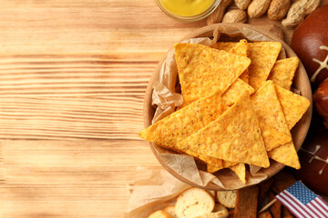 Concept of Super bowl snacks on wooden  background