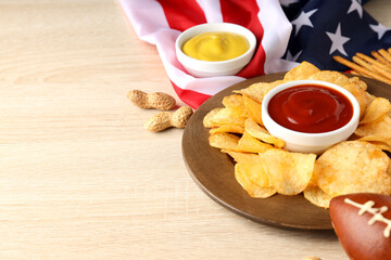 Concept of Super bowl snacks on wooden  background