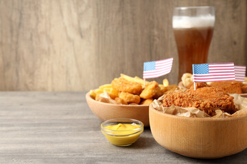Concept of Super bowl snacks on gray wooden table