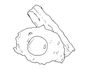 breakfast eggs with bacon. hand-drawn in sketch style fried egg and bacon, top view isolated black outline on white for food menu design template