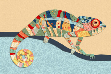 The illustration is made in a unique style with the image of a chameleon crawling on a branch. Imitation of scrapbooking. Using texture.  © Tatyana Kosinskaya