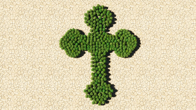 Concept or conceptual group of green forest tree on dry ground background as sign of religious christian cross. A 3d illustration metaphor for God, Christ, religion, spirituality, prayer, Jesus belief