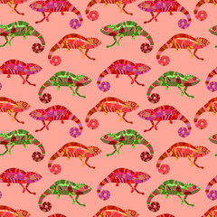 Bright multicolored seamless pattern with the image of a chameleon. Decor for fabric and wallpaper.