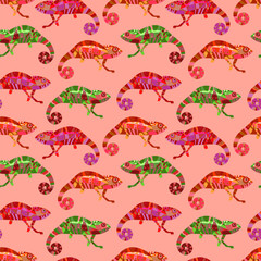 Obraz premium Bright multicolored seamless pattern with the image of a chameleon. Decor for fabric and wallpaper.