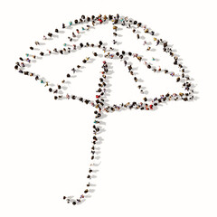 Concept or conceptual large gathering of people forming an image of opened umbrella on white background. A 3d metaphor for protection, security and comfort,  tourism, fashion and style