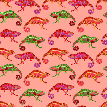 Bright multicolored seamless pattern with the image of a chameleon. Decor for fabric and wallpaper.