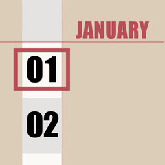 january 1. 1th day of month, calendar date.Beige background with white stripe and red square, with changing dates. Concept of day of year, time planner, winter month.