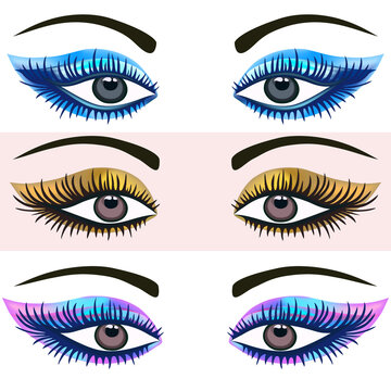 Colored makeup for a party. Beautiful eyes - vector set for design.