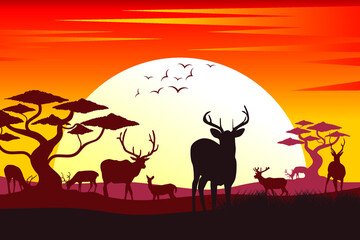 Fototapeta na wymiar Deer silhouette. Silhouette of sunset in safari landscape