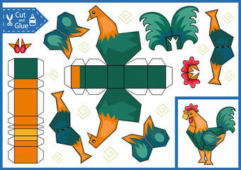Kids craft paper game. Cut and glue 3d toy. Children activity page and worksheet. Cutout cartoon a rooster. Animal puzzle. Vector illustration. - obrazy, fototapety, plakaty